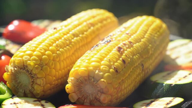 Two ripe ears of grilled corn on the cob sizzling with char marks, surrounded by colorful bell peppers and zucchini slices on a barbecue grill, outdoor summer cooking
