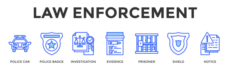 Law Enforcement  Banner Web  Icon Set Collection Pack Vector Illustration Concept Containing Police Car, Police Badge, Investigation, Evidence, Prisoner, Shield, Notice © Kholifah rokhman