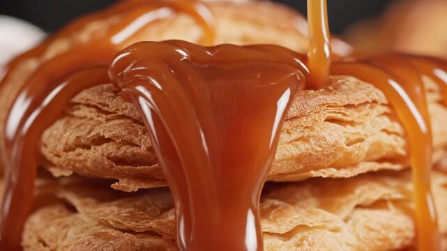 closeup of warm caramel sauce being drizzled over flaky puff pastry layers, creating a decadent dessert