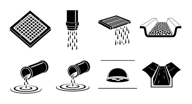 Set of icons representing water drainage and sewage systems.
