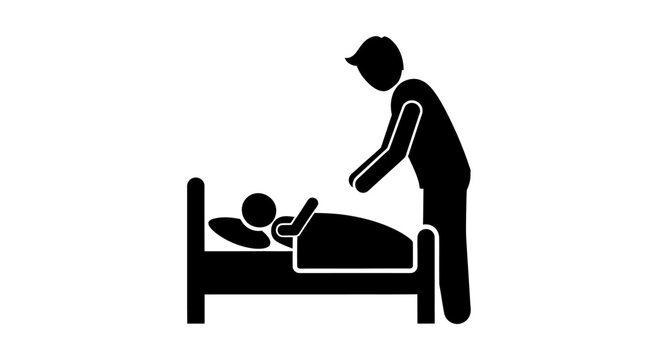 A pictogram of a parent caring for a sick child in bed.