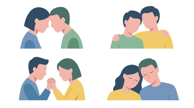 Four vector illustrations depicting various forms of intimate connection and emotional support between couples, showcasing different gestures of affection.