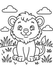 Obraz premium Lion cub in the Wild: A friendly, cartoon-style illustration of a lion cub, rendered in a line art style. The adorable cub sits in a grassy field under a cloudy sky. 