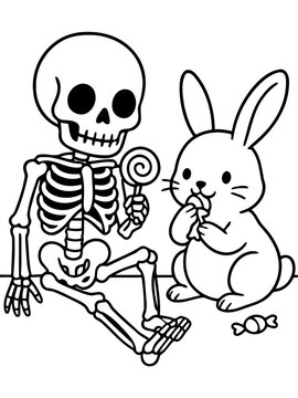 Spooky Sweet Treats: A whimsical illustration captures a skeleton and a rabbit sharing lollipop candies, embodying the playful spirit of Halloween.