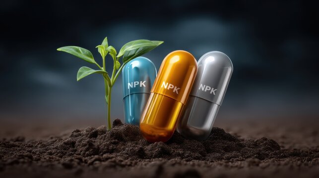 Three capsules labeled NPK stand upright in soil beside a young green plant under a dark, blurred background.
