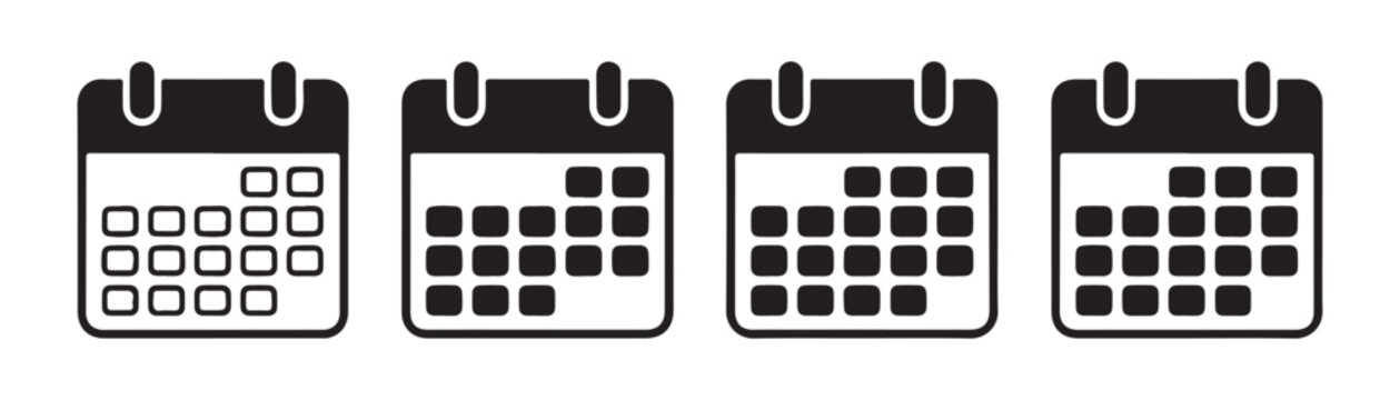 Set of four calendar icons showing different number of days filled on transparent background.