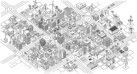 Detailed isometric illustration of a dense urban cityscape with many buildings. © Koji