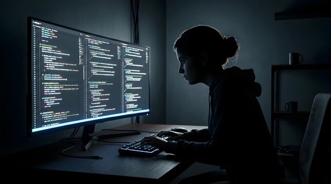 Programmer Coding Late Night, Software Developer Workspace, IT Professional Typing Code