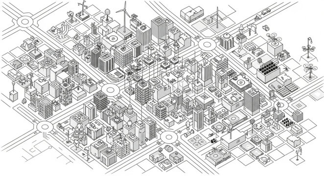 Detailed isometric illustration of a dense urban cityscape with many buildings.