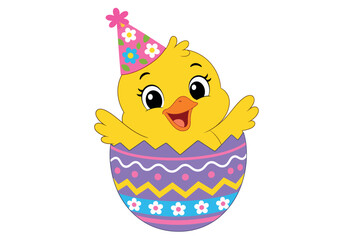 Cute cartoon chick hatching from decorated Easter egg wearing a party hat. © Kenn