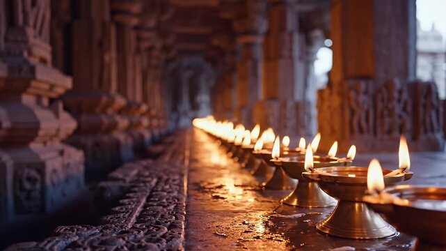 Traditional brass oil lamps lit for Sani Pradosham in a Hindu temple hallway with flickering flames and soft bokeh of ancient stone pillars.