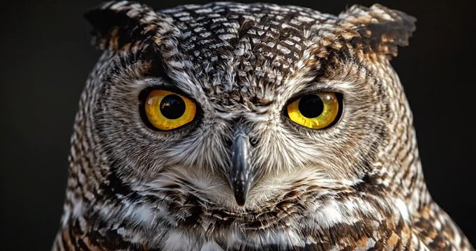 Majestic owl with striking yellow eyes perched in natural habitat, showcasing intricate feather patterns