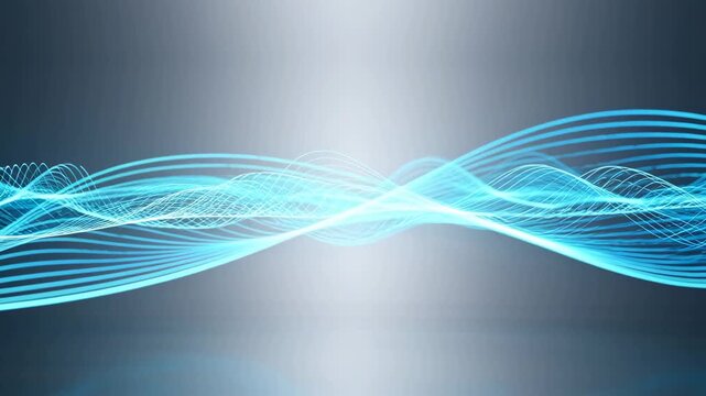 Abstract glowing blue data waves and signal lines moving in a digital space. Great for media regarding fiber optic technology, high-speed internet, cloud data transfer