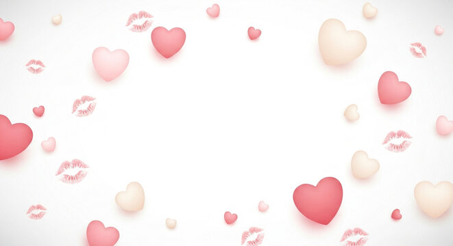 Valentine's Day hearts, pink and red love symbols, lipstick kiss marks, romantic background elements