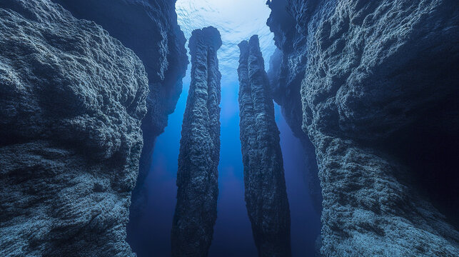 Underwater deep ocean rift with tall rock pillars and textured walls illuminated by soft blue light creating mysterious and haunting atmosphere in sea depths