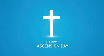 Fototapeta premium Happy Ascension Day greeting with glowing white cross, religious Christian holiday celebration on blue background, spiritual faith concept