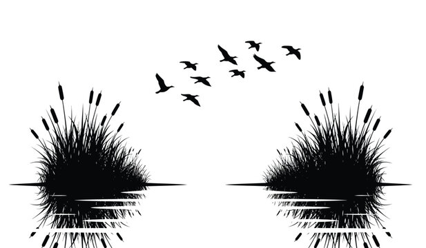 silhouette of reeds and flying birds against a white background a minimalist nature scene high quality professional detailed modern elegant stylish clean crisp vibrant