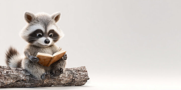 Cute raccoon reading book while sitting on log, showcasing curiosity and charm