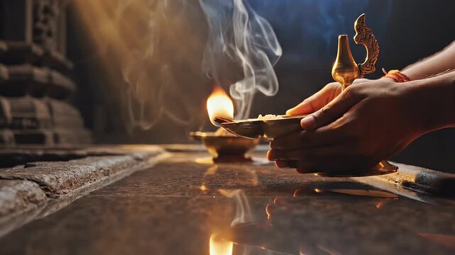 Close-up of Hands Performing Hindu Sani Pradosham Aarti with a Brass Camphor Burner, Sacred Flame Reflecting on Dark Stone Surface During Prayer