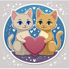 Fototapeta premium Two Cute Cartoon Cats Holding a Heart