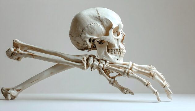 An anatomical 3d illustration of a human skull isolated on a black or white background, featuring the medical cranium bone and teeth for science, biology, or horror halloween themes