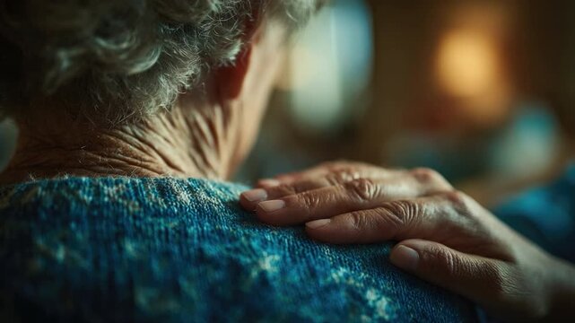Shoulder of Support: A tender moment unfolds as a caring hand rests gently on the shoulder of an elderly person, expressing compassion and support.