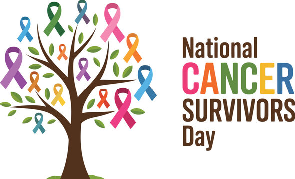 National cancer survivors day tree illustration with many colorful various awareness ribbons.