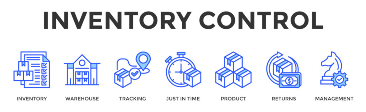 Inventory Control  Banner Web  Icon Set Collection Pack Vector Illustration Concept Containing Inventory, Warehouse, Tracking, Just In Time, Product, Returns, Management