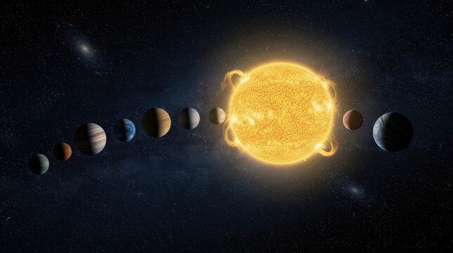 Illustration of the solar system showing the sun and planets aligned in space with detailed textures and a starry background.