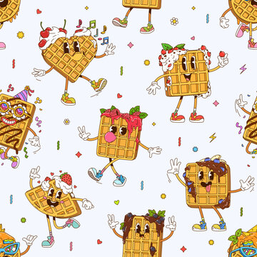 Cartoon groovy belgian waffle characters seamless pattern. Fabric vector pattern, groovy seamless backdrop with belgian waffles happy characters in whipped cream, berry jam and chocolate topping