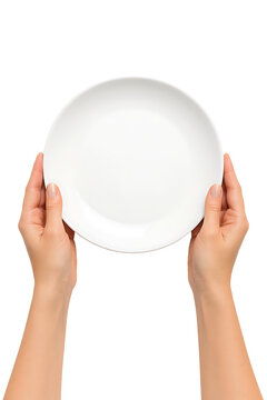 Hands holding empty white plate front view isolated on transparent background