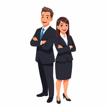Two smiling cartoon business professionals, a man and a woman, standing back-to-back with crossed arms, wearing dark suits against a white background.