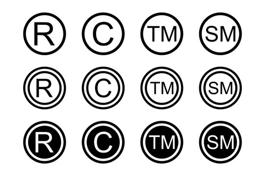 Set of register, copyright, trademark and service mark icons isolated on white background. Commercial rights symbols. Brand registration marks for imitation protection. Vector graphic illustration.