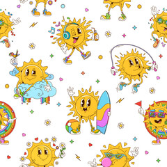 Fototapeta premium Cartoon groovy sun characters seamless pattern. Funky seamless pattern, groovy vector print with summer sun hippie funny characters jumping rope, holding surfboard, dancing and walking in headphones
