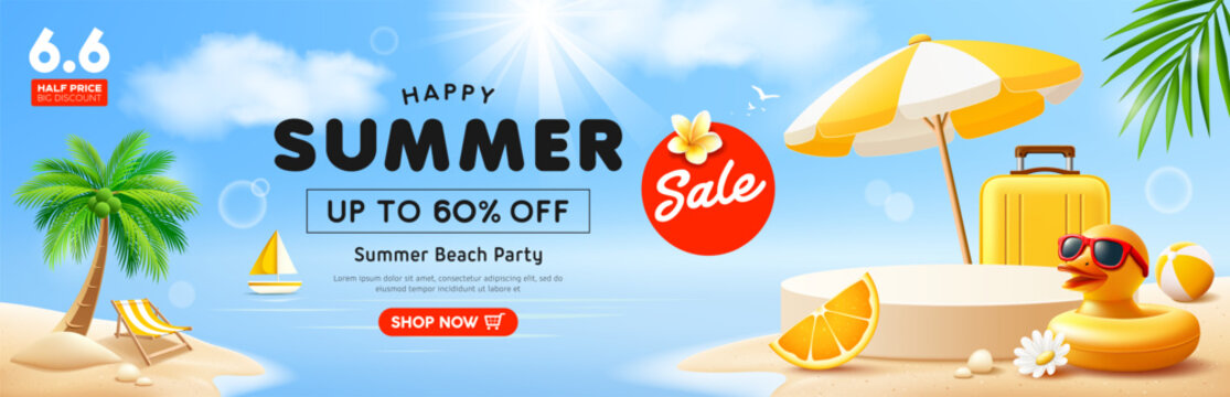 Summer sale podium display, Duck yellow shaped inflatable ring, coconut trees, beach umbrella on island beach banner design, cloud and sky on sea blue background