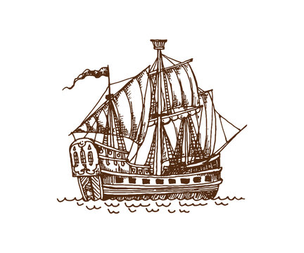 Vintage pirate sail ships and sailboat, European wooden galleon and warship sketch. Classic vector nautical ship for vintage maps pirate parties, or maritime branding