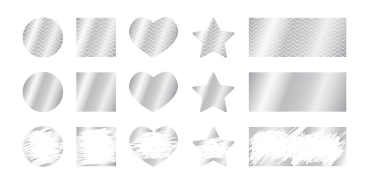 Set of silver scratchcard surfaces with whole and scraped textures. Collection of metallic lottery, gift card or sale coupon templates isolated on white background. Vector realistic illustration.