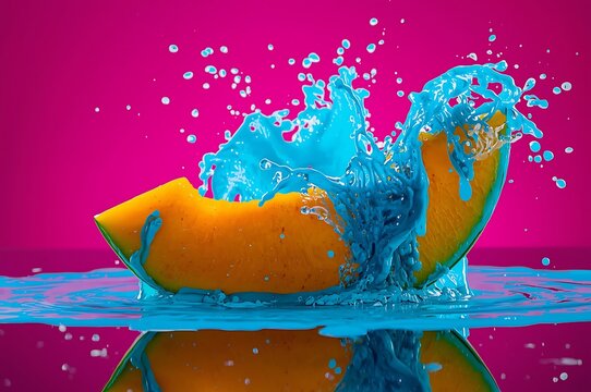 Orange slice in blue splash with refreshing abstract delicate foodphotography geometric hydration orangejuice orangepeel ornamental refreshment ripeness sloshing sparkling splashing