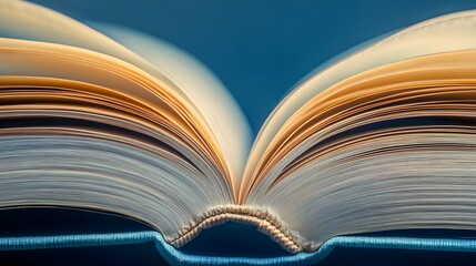 Naklejka premium Close-up of an open book with blurred pages against a blue background