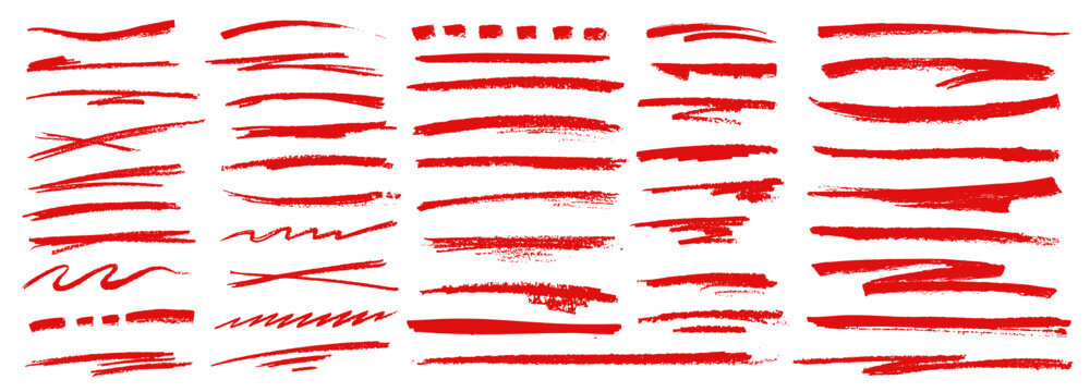 Highlight red crayon pencil lines and vector hand drawn doodle underline. Rough red crayon lines with thick and thin strokes of straight, wavy and cross marked, zigzag scribbles and dashed accents