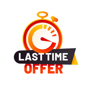 Last time offer icon, sale countdown timer badge. Bold promotional badge featuring red and orange gradient stopwatch with ticking hand. Vector last time offer icon for flash sales, discount campaign