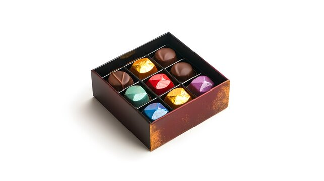 A box of assorted artisan chocolates with colorful foil wrapping