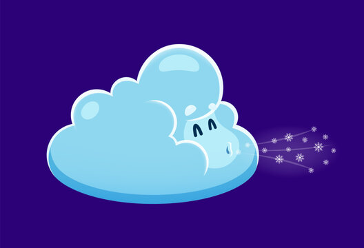 Winter wind cloud cartoon funny weather character blowing windy snow, vector icon. Blizzard or snowstorm cloud with cold wind, weather character with face for weather emoji or forecast emoticon
