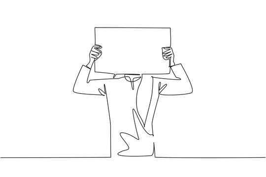 One line drawing presents an Arabian man holding a blank board over his head. A fantastic creative advertising concept ideally suited for a corporate business presentation banner layout.
