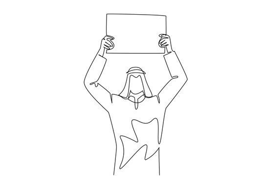 Single line drawing features an Arabian man with thobe holding a blank placard high up in the air. A brilliant public announcement concept perfectly suited for a marketing campaign promotion poster.