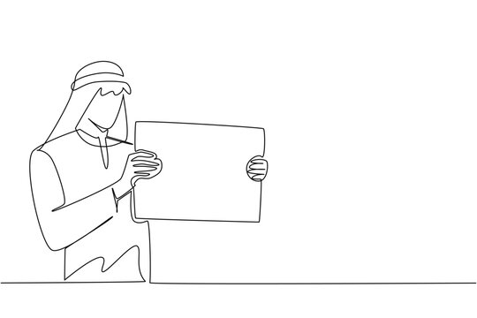Continuous line drawing portrays an Arabian man with headscarf presenting blank board to the side. An excellent business advertising concept ideally suited for corporate marketing presentation layout.