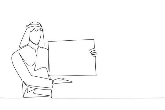 One line drawing present Arabian man in thobe and head scarf showing blank board with one hand underneath. Brilliant corporate presentation concept ideally suited for marketing campaign poster layout.