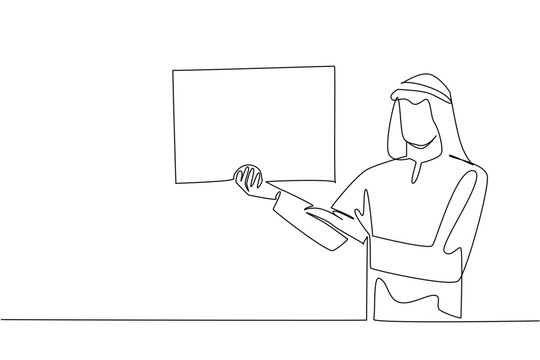Continuous line drawing displays an Arabian man holding a blank board while shrugging his shoulders. An engaging business problem concept suited perfectly for a marketing layout poster.