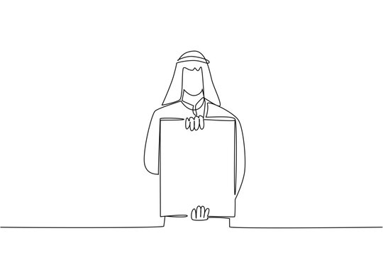 One line drawing presents an Arabian man holding a blank board with both his hands while standing to promote ad. An intense corporate stress concept perfectly suited for a business blog presentation.