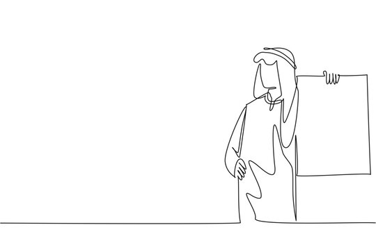 Continuous line drawing depicts young handsome Arabian business man holding a large blank placard. This awesome illustration perfectly suits an advertising concept and marketing poster.